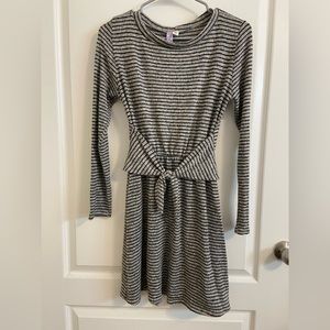 ALYA Grey Black Stripe Wrap Tie Fit Flare Long Sleeve Sweater Dress XS